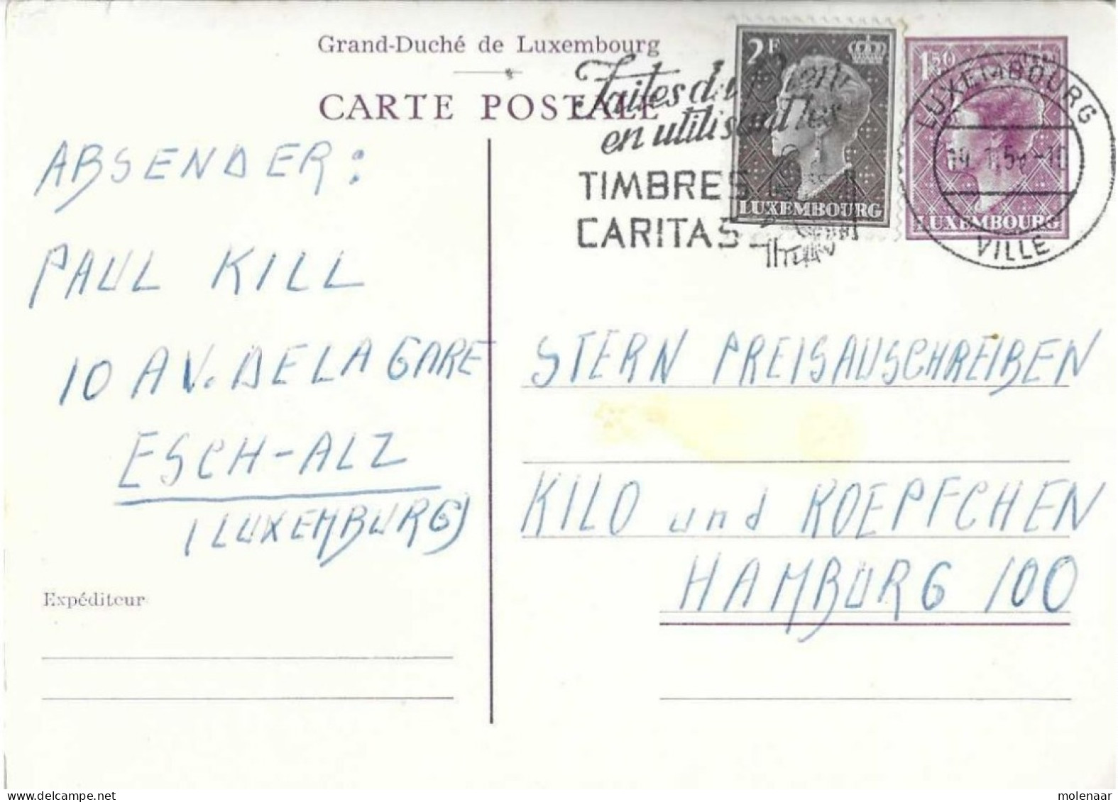 Postzegels > Europa > Luxemburg > Briefkaart 1,5fr Lila Mrt Bijfrankering   (16911) - Stamped Stationery