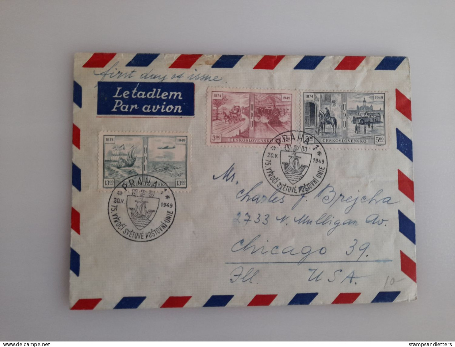 1949. First Day Of Issue. Airmail From Prague To Chicago. - Storia Postale