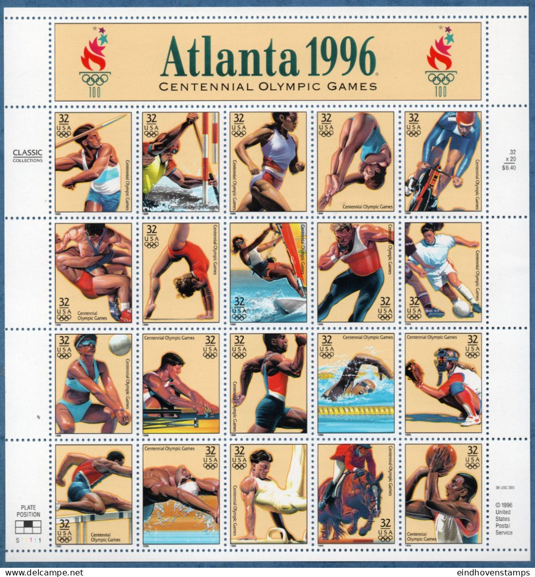 USA 1996 Olympic Games Atlanta Sheet MNH Javelin, Canoeing, Equestrian, Fencing, Surfing, Wrestling - Sommer 1996: Atlanta