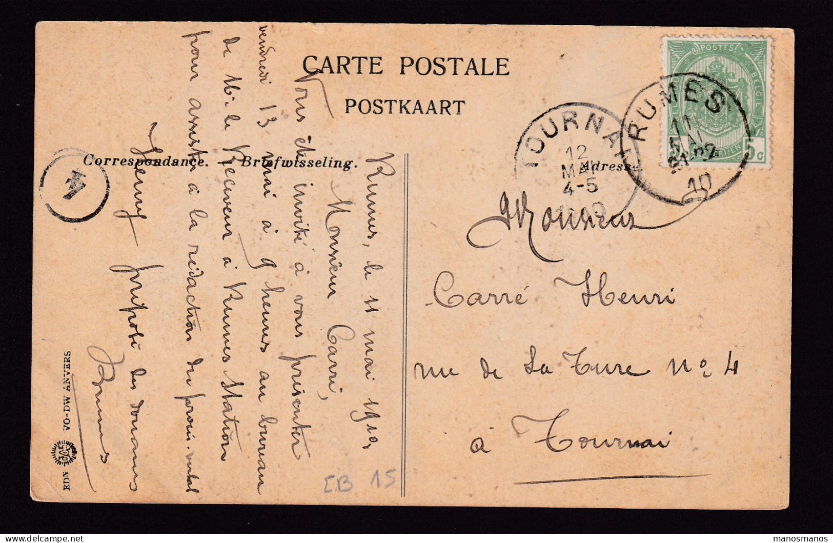 DDFF 642 -- Carte-Vue Tournai TP Armoiries RUMES 1910 Vers Tournai - Coba 15 EUR S/TP Détaché - 1893-1907 Coat Of Arms