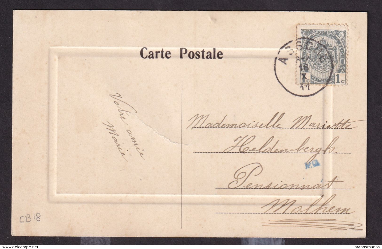 DDFF 643 -- Carte Fantaisie TP Armoiries T2R ASSCHE 1911 Vers Molhem - Coba 8 EUR S/TP Détaché - 1893-1907 Wappen