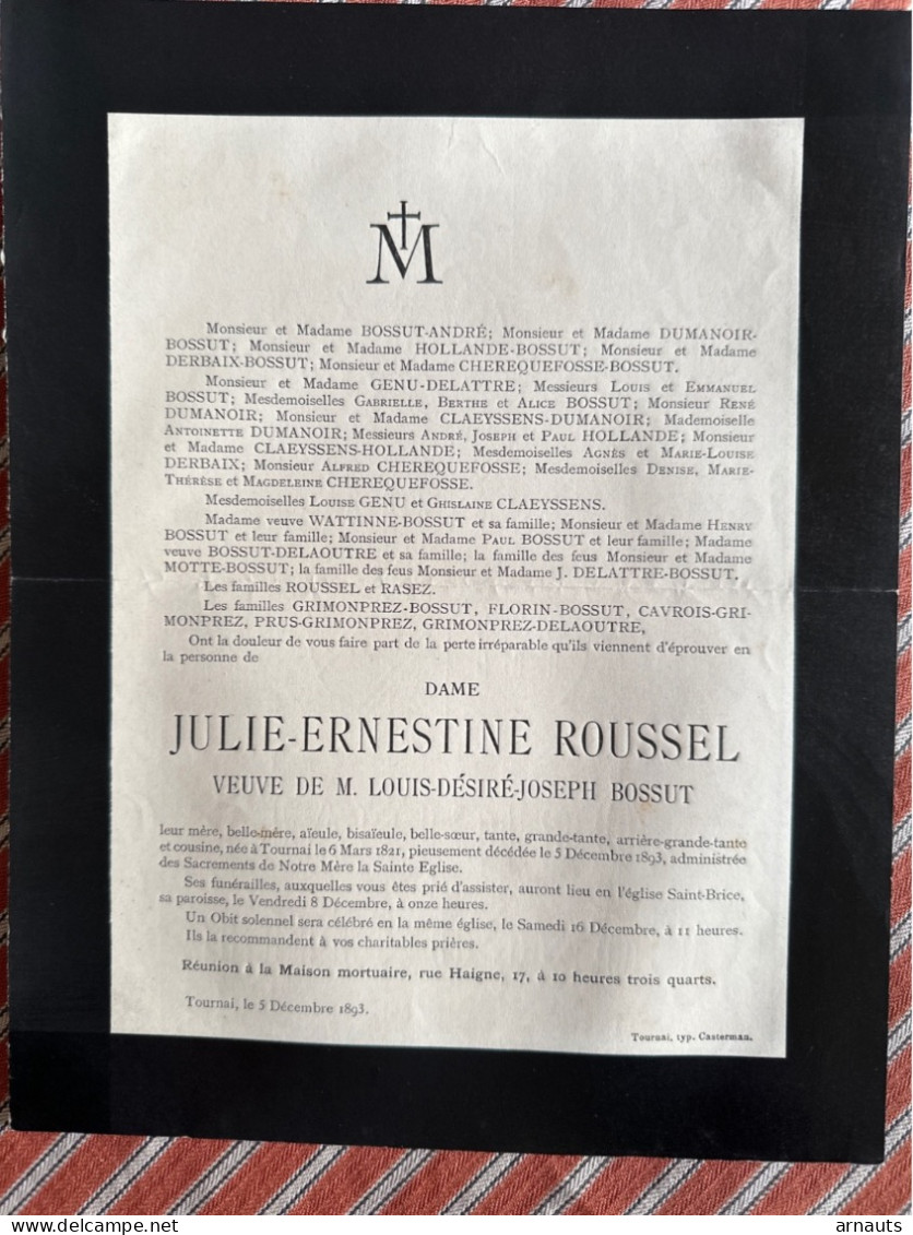 Dame Julie-Ernestine Roussel Veuve Bossut Louis *1821 Tournai +1893 Tournai Dumanoir Hollande Cherequefosse Claeyssens W - Décès