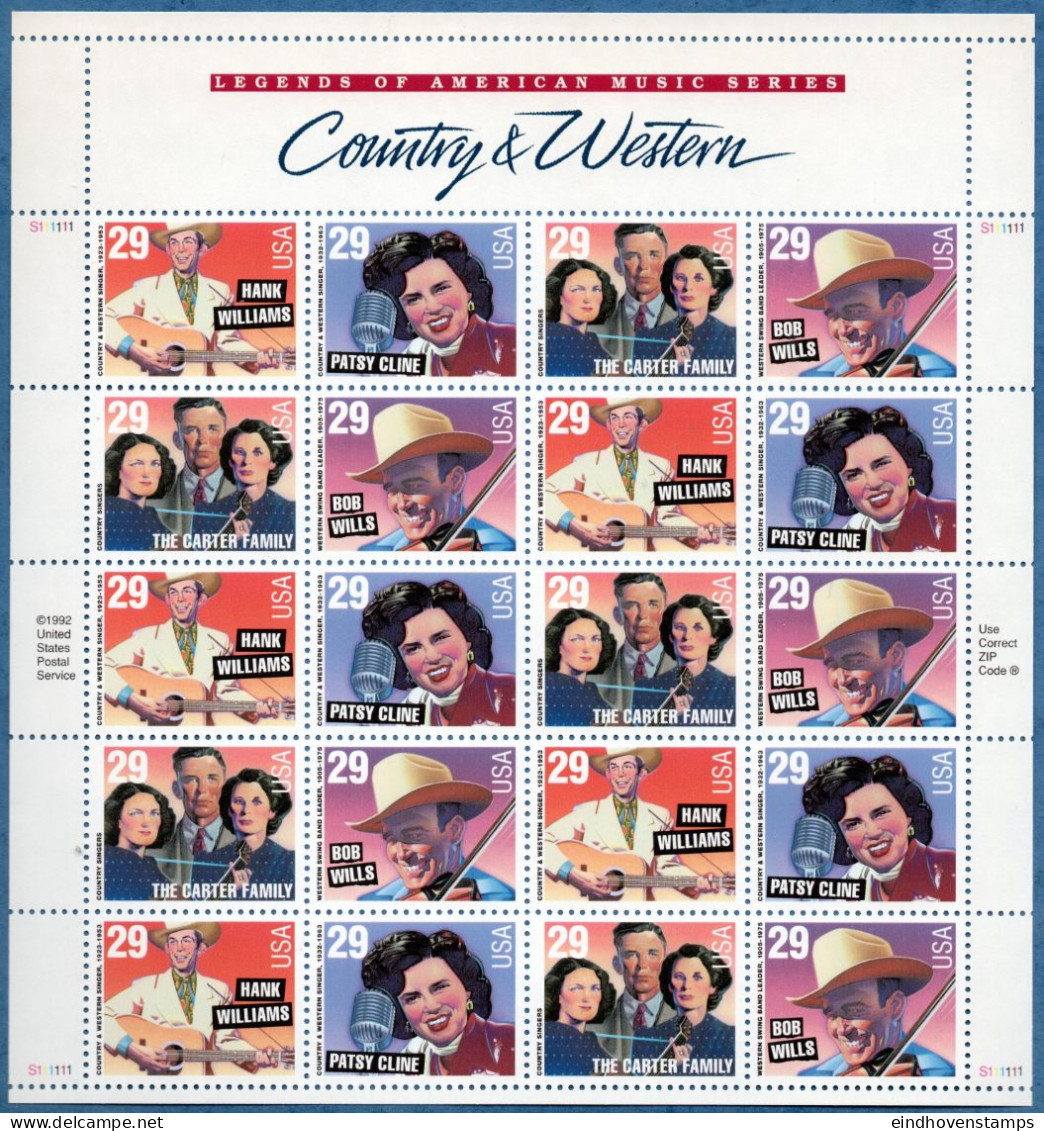 USA 1993 Country & Western Sheet MNH Hank Williams, Patsy Cline, Carter Family, Bob Wills - Música