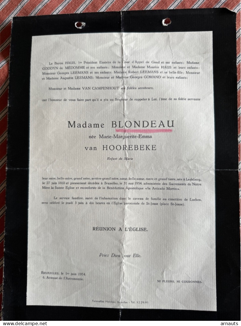 Madame Blondeau Nee Van Hoorebeke *1868 Ledeberg +1954 Bruxelles Laeken Gomand Haus Verstraeten Del Marmol Cooreman De J - Décès