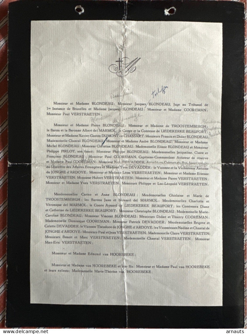 Madame Blondeau Nee Van Hoorebeke *1868 Ledeberg +1954 Bruxelles Laeken Gomand Haus Verstraeten Del Marmol Cooreman De J - Décès