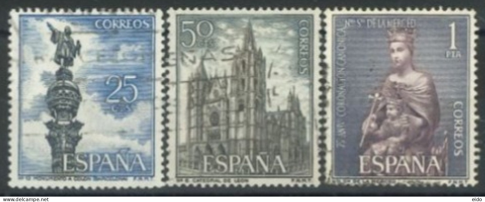 SPAIN, 1963/65, COLUMBUS MONUMENT, LEON CATHEDRAL & ST. DE LA MERCED STAMPS SET OF 3, # 1280,1201,& 1205, USED. - Gebruikt