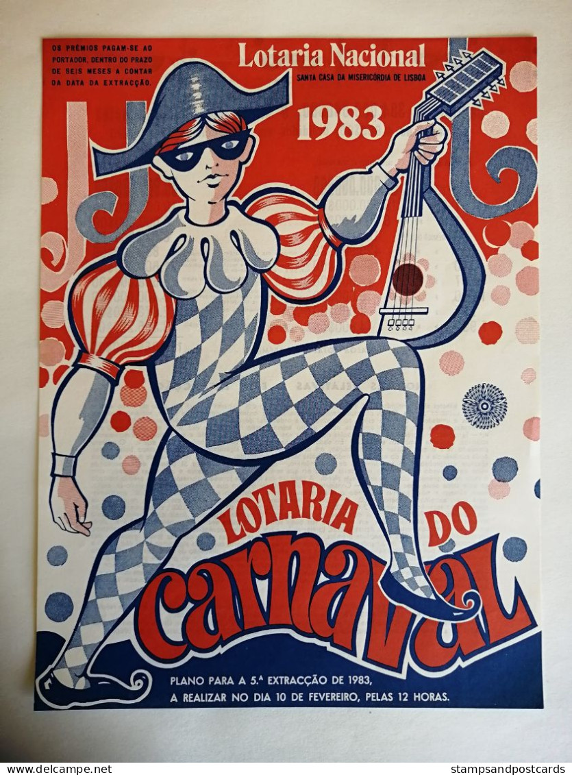 Portugal Loterie Carnaval Arlequin Avis Officiel Affiche 1983 Loteria Lottery Carnival Harlequin Official Notice Poster - Billets De Loterie