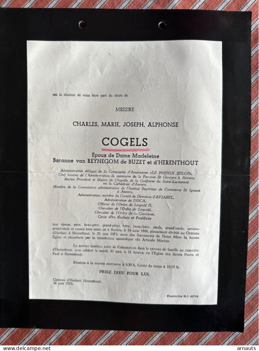 Messire Charles Cogels époux Baronne Van Reynegom De Buzet De Herenthout *1886 Anvers +1953 Chateau D’Herlaer Herenthout - Obituary Notices