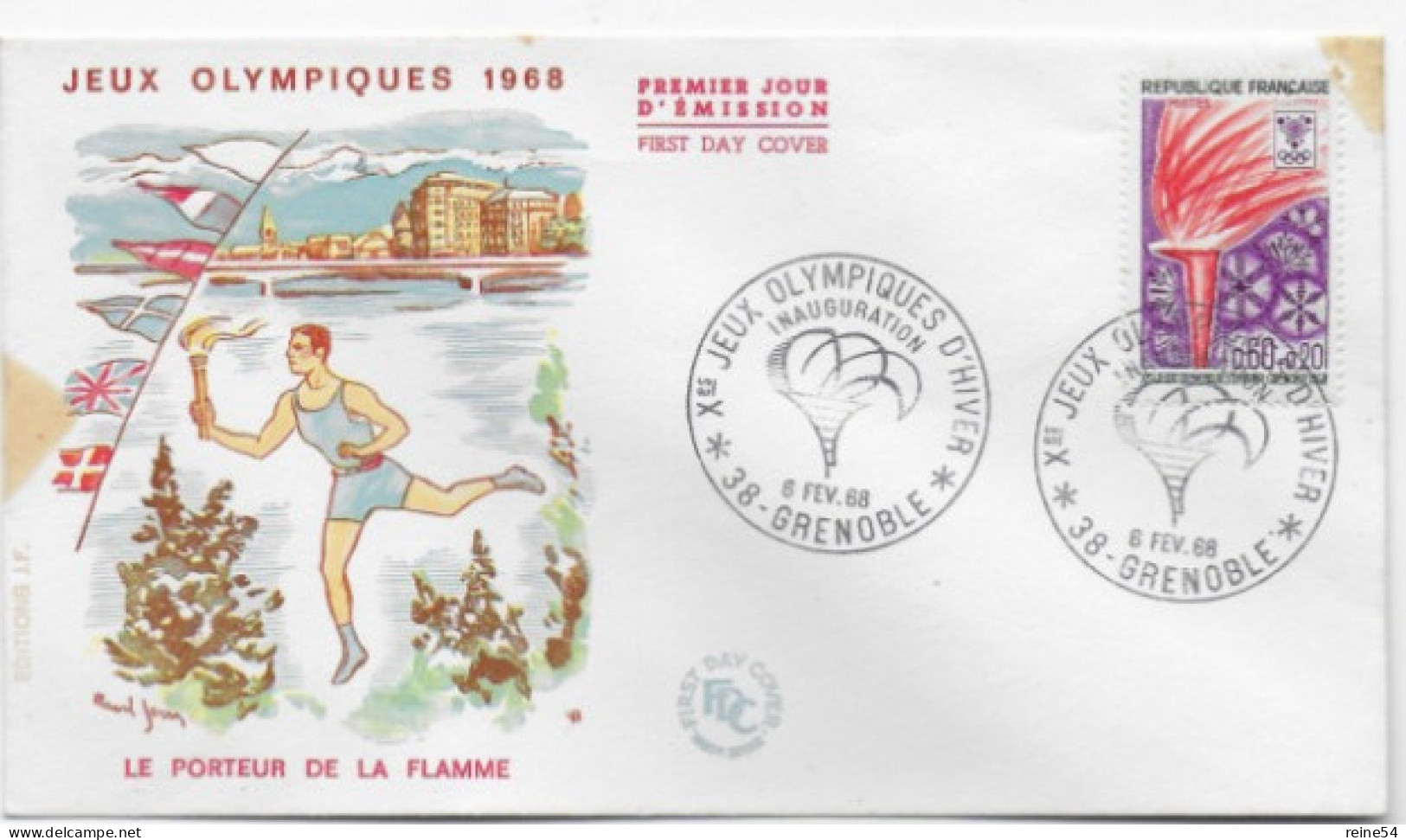 Enveloppe Premier Jour-Xe Jeux Olympiques D'Hiver-Inauguration PORTEUR De La FLAMME 6 Févr1968 Grenoble (38)F.D.C.n°1545 - 1960-1969