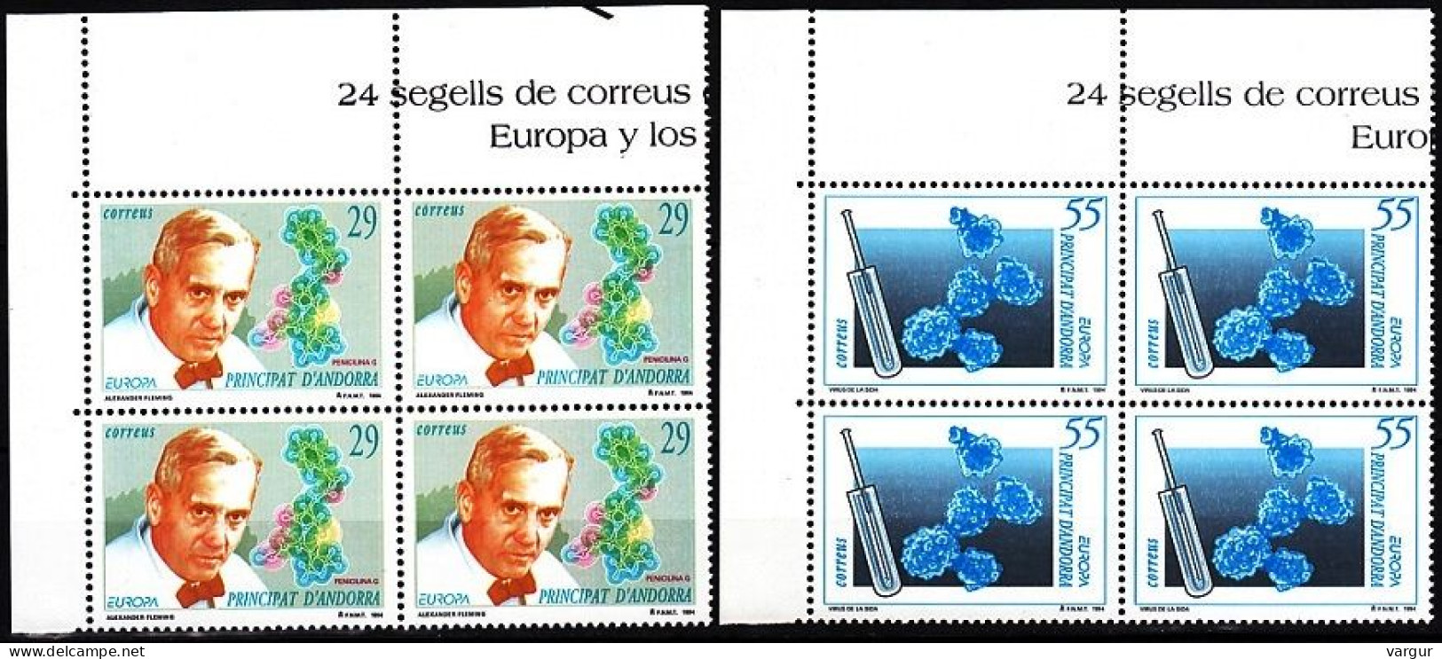 ANDORRA (Spanish) 1994 EUROPA: Inventions Discoveries. Medicine Biology. Corner BLOCKS Of 4v, MNH - 1994