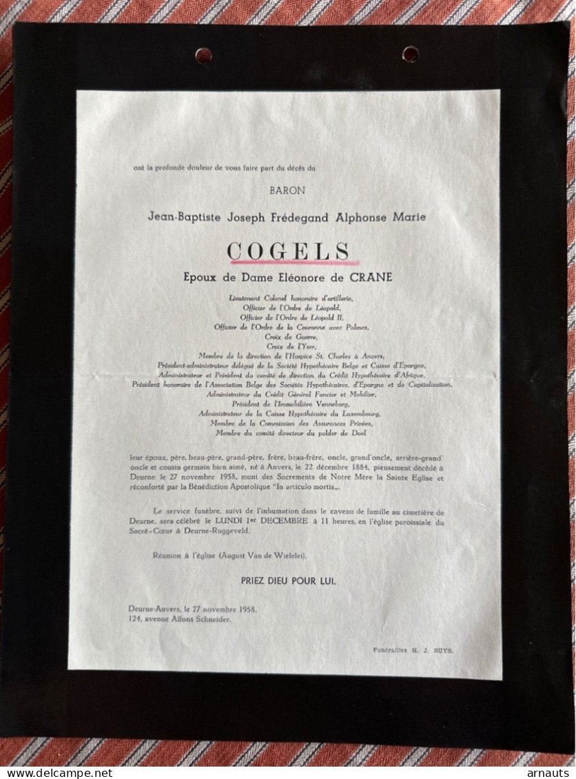 Baron Jean-Baptiste Cogels époux De Crane *1884 Anvers +1958 Deurne Ruggeveld Lieutenant Colonel Honoraire Artillerie Cr - Obituary Notices