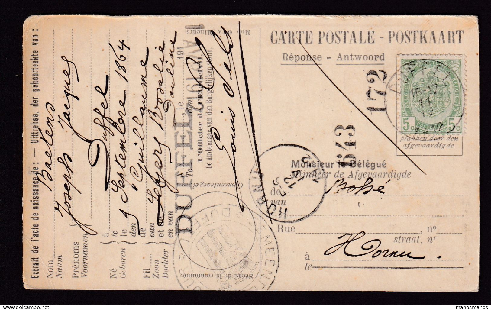 DDFF 647 -- Carte De Caisse De Retraite TP Armoiries T2R DUFFEL 1912 Vers T2R HORNU - Griffe + Cachet Gemeente DUFFEL - 1893-1907 Wappen