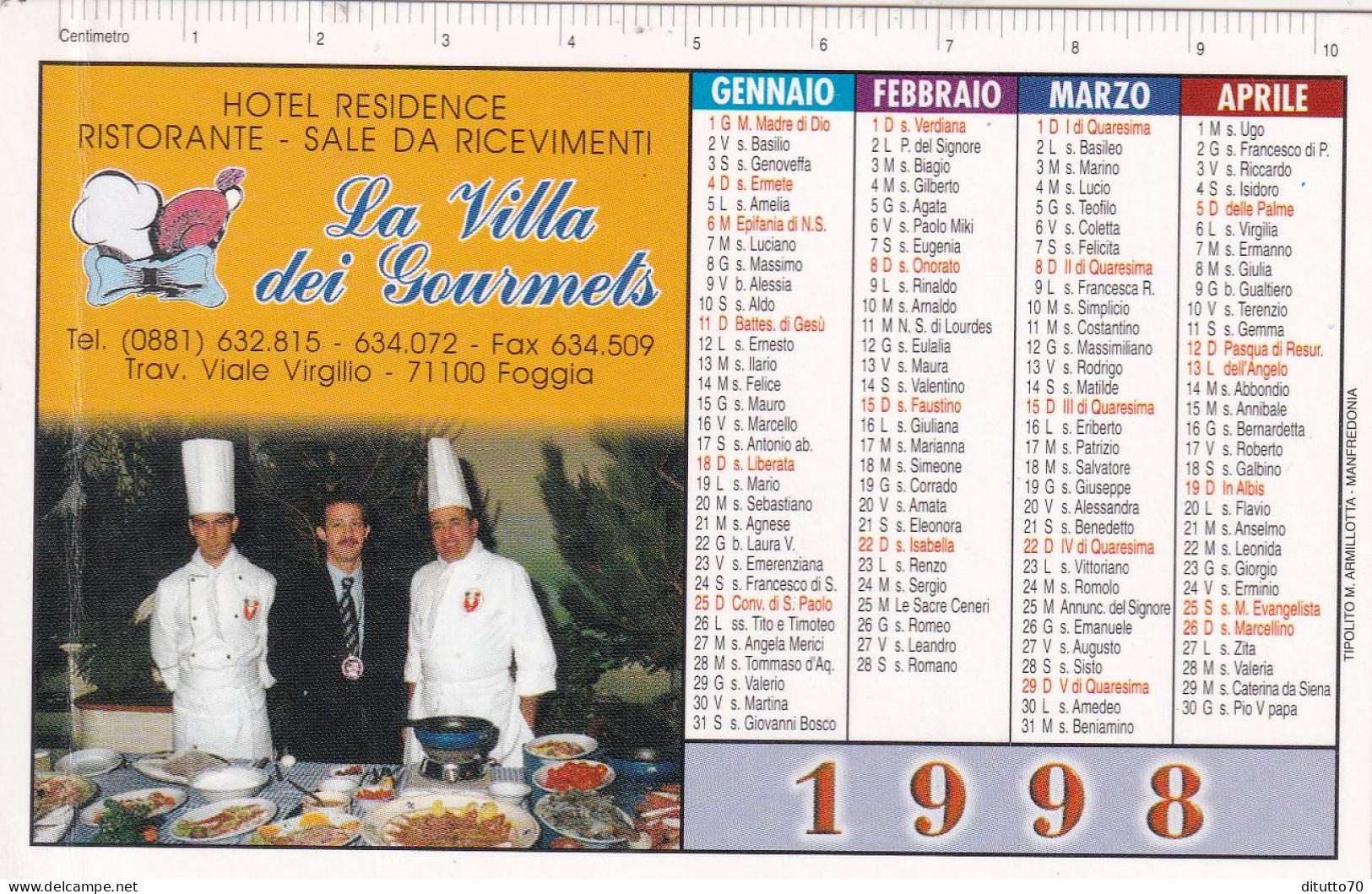 Calendarietto - Hotel Residence - La Villa Dei Gourmets - Foggia - Anno 1998 - Klein Formaat: 1991-00