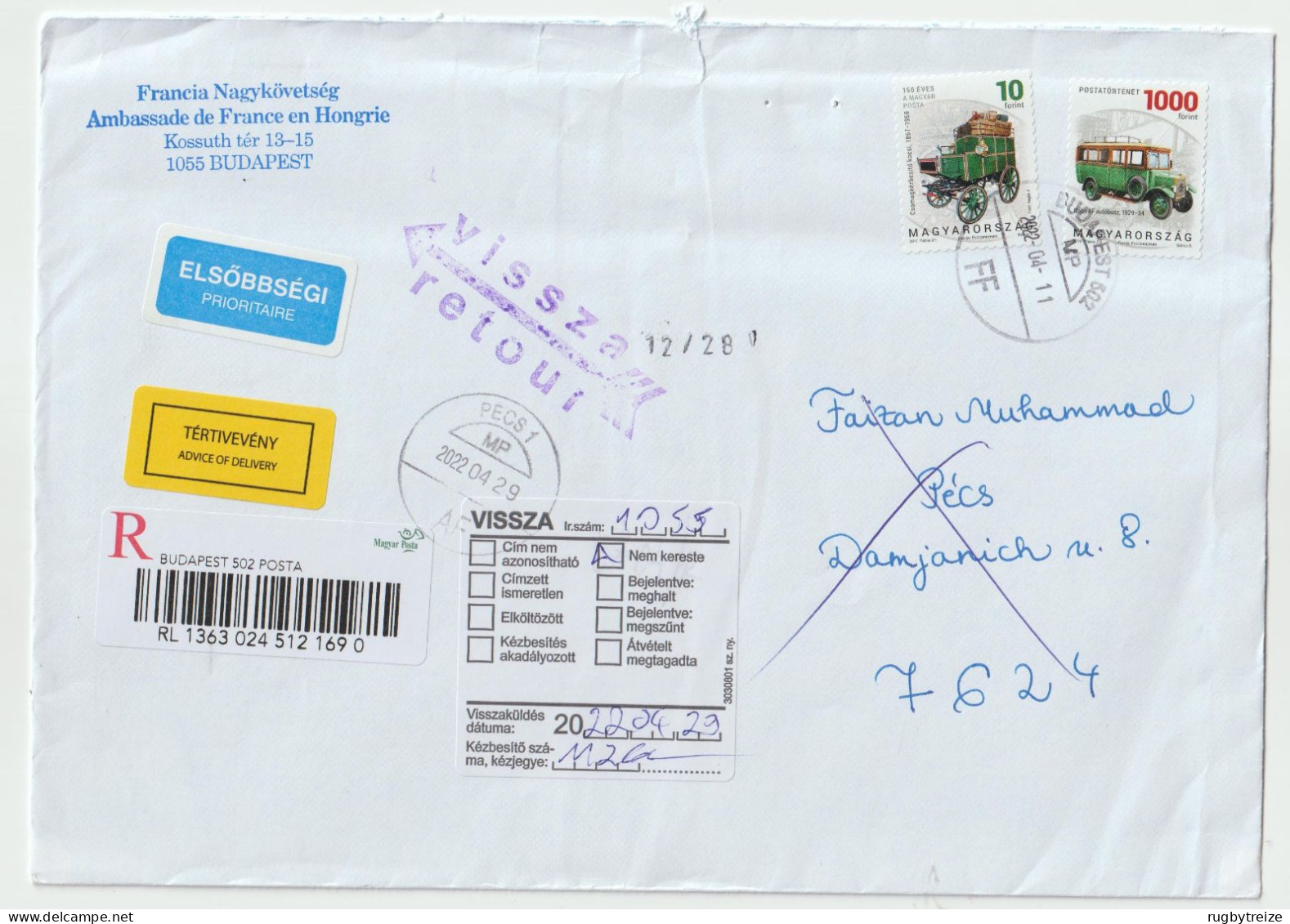 7742 Lettre Cover HONGRIE MAGYARORSZAG Recommandé Registered Code Barre BUDAPEST NPAI RTS RETURN TO SENDER - Covers & Documents
