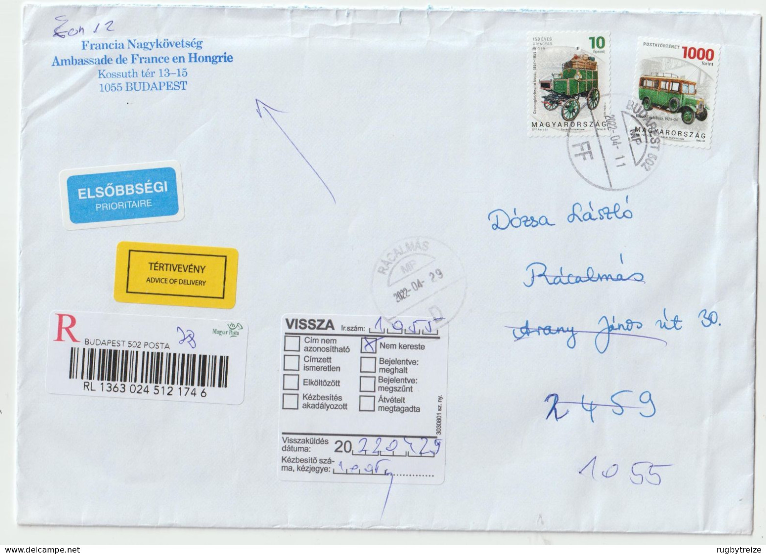 7743 2022 Lettre Cover HONGRIE MAGYARORSZAG Recommandé Registered Code Barre BUDAPEST NPAI RTS RETURN TO SENDER - Lettres & Documents