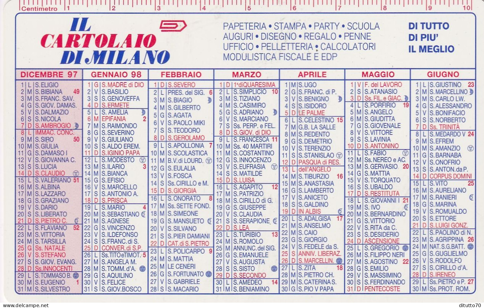 Calendarietto - Il Cartolaio Di Milano - Anno 1998 - Petit Format : 1991-00