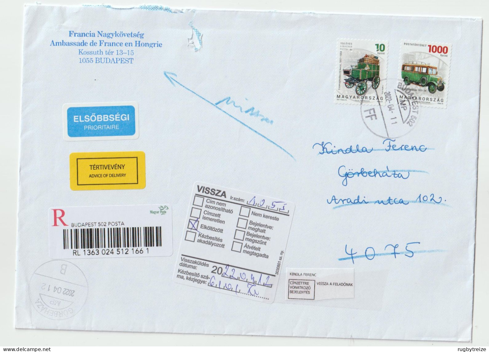 7744 2022 Lettre Cover HONGRIE MAGYARORSZAG Recommandé Registered Code Barre BUDAPEST NPAI RTS RETURN TO SENDER - Briefe U. Dokumente