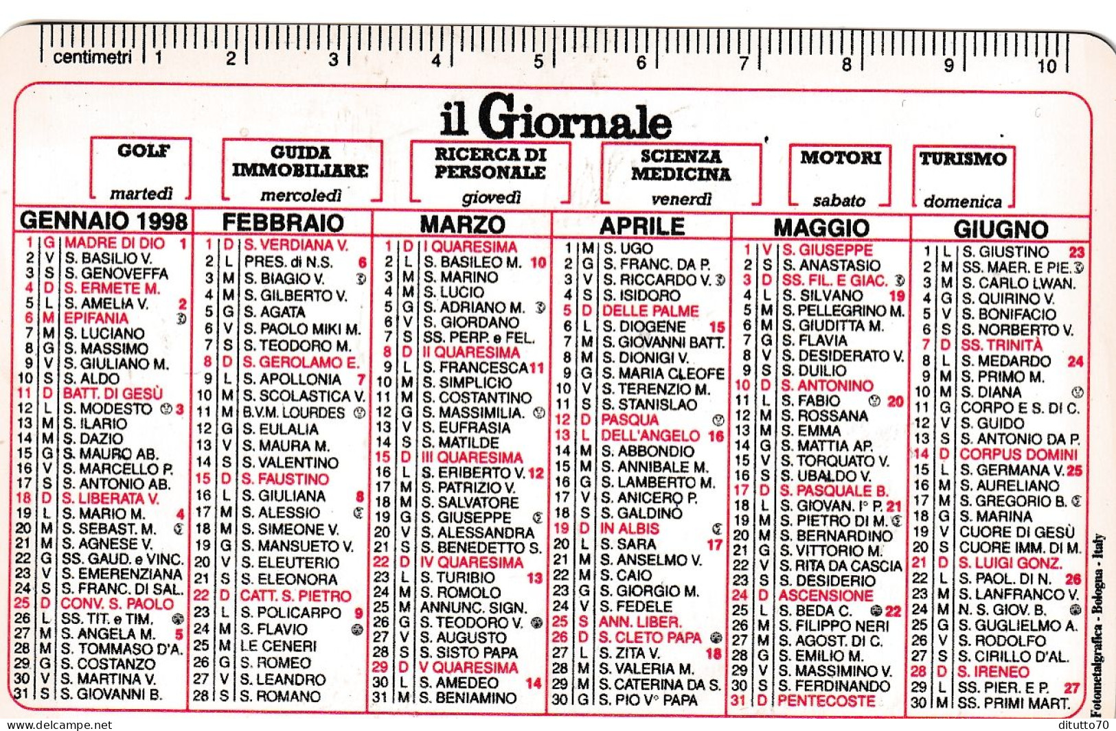 Calendarietto - Il Giornale - Anno 1998 - Small : 1991-00