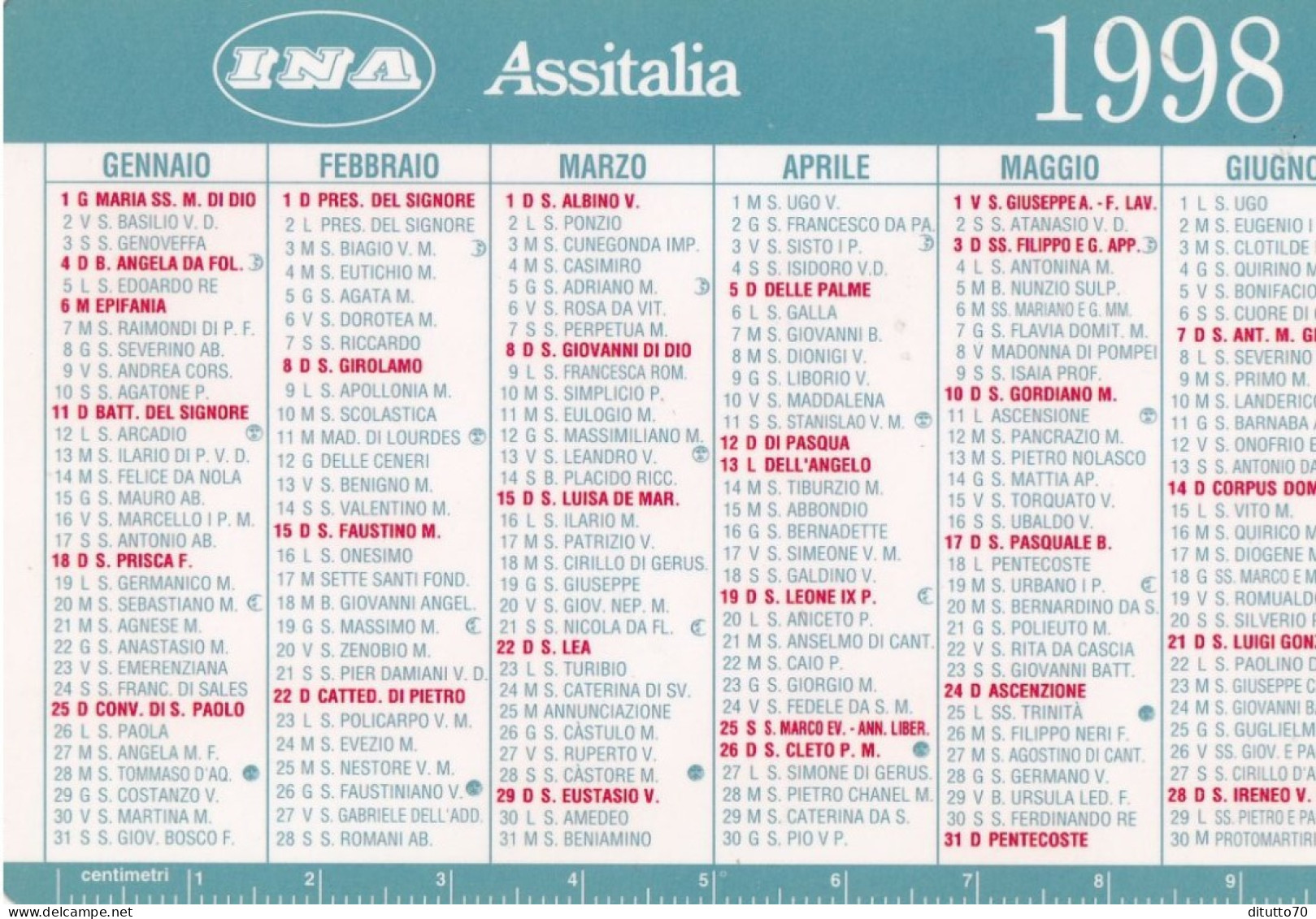 Calendarietto - INA - Assitalia - Anno 1998 - Petit Format : 1991-00