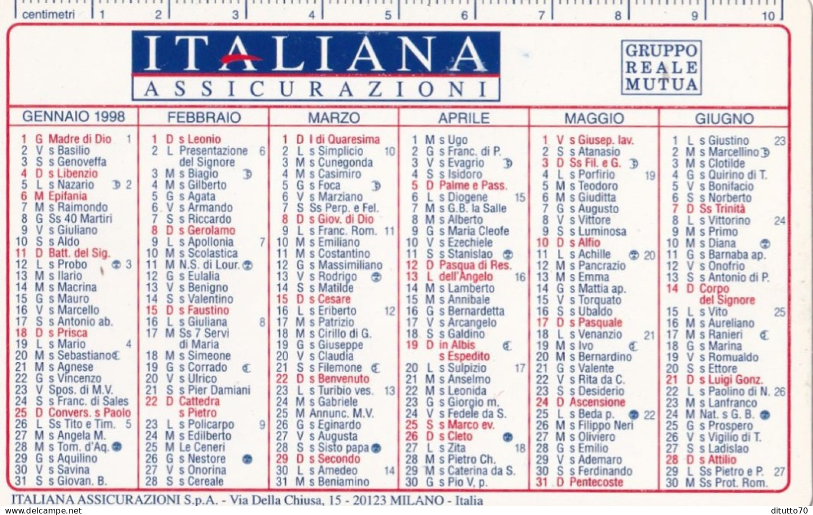 Calendarietto - Italiana Assicurazioni - Gruppo Reale Mutua - Anno 1998 - Petit Format : 1991-00