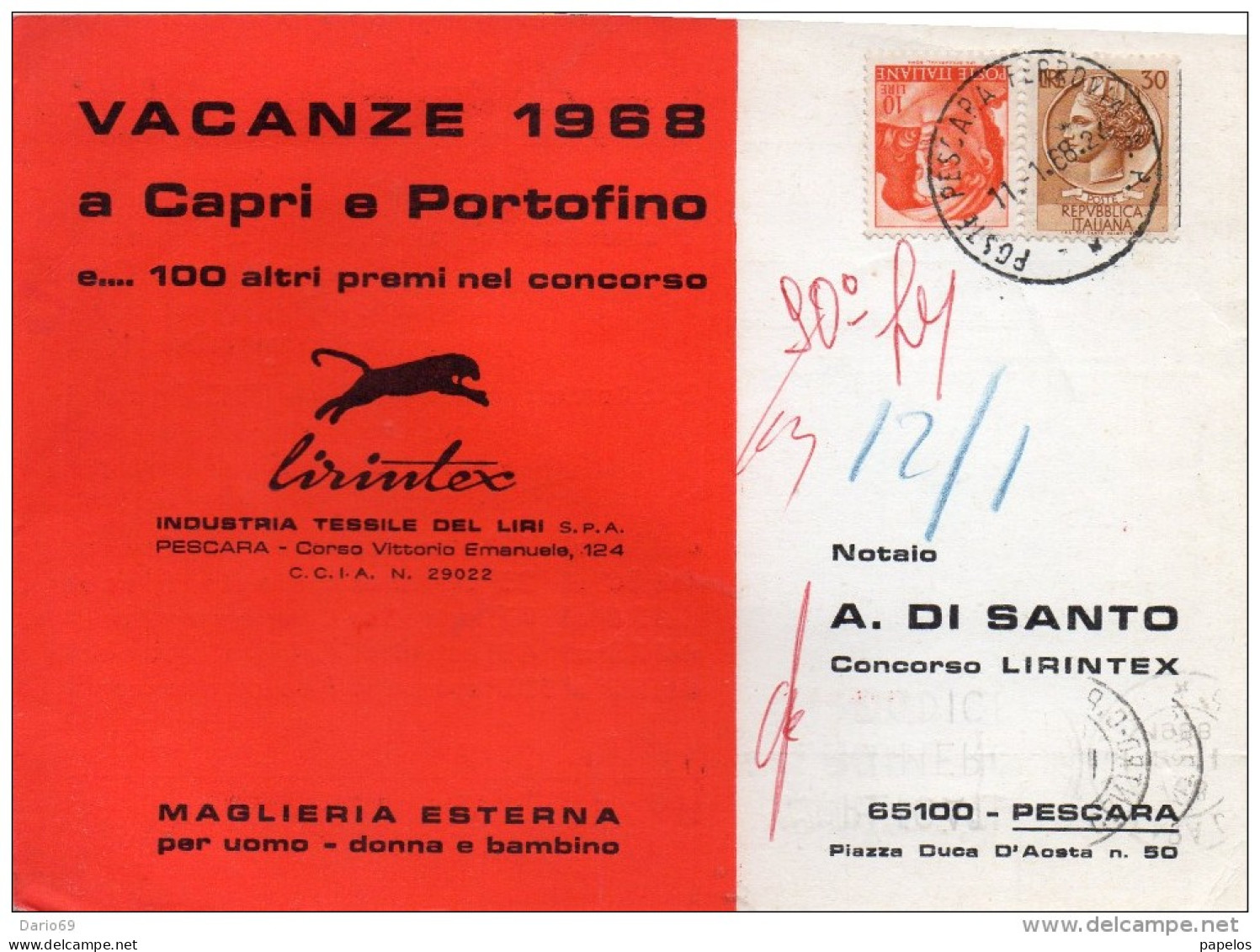 1968    CARTOLINA PUBBLICITARIA INDUSTRIA TESSILE DEL LIRI CON ANNULLO PESCARA - 1961-70: Marcophilie