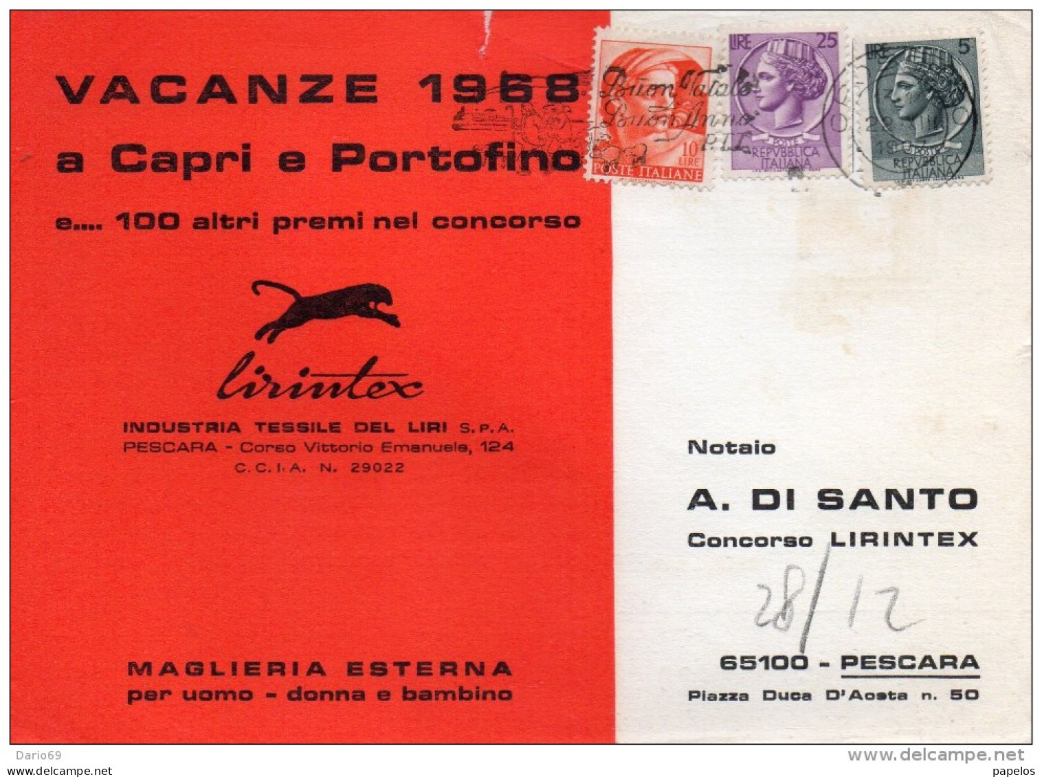 1968    CARTOLINA PUBBLICITARIA INDUSTRIA TESSILE DEL LIRI CON ANNULLO PESCARA - 1961-70: Storia Postale