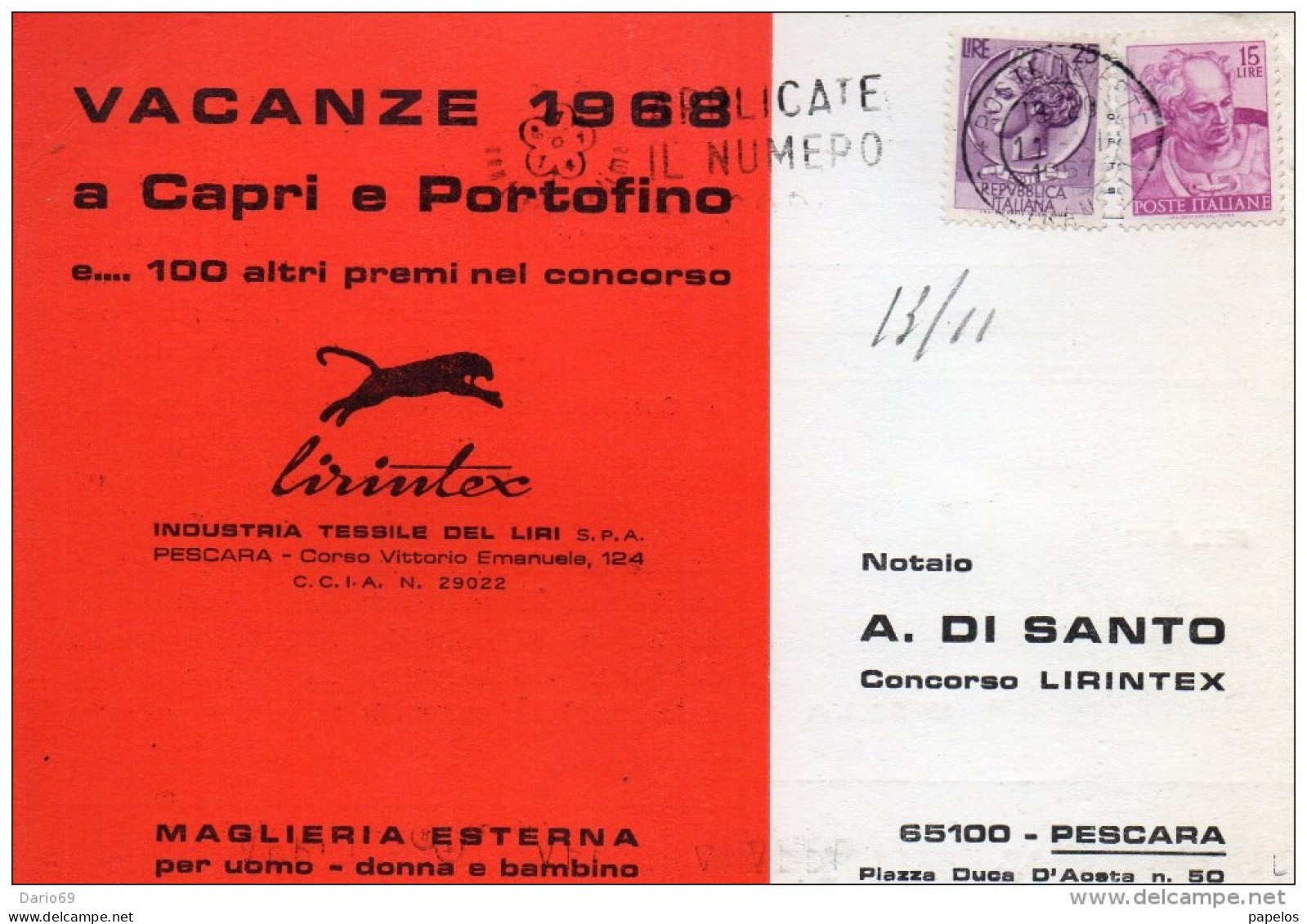 1968    CARTOLINA PUBBLICITARIA INDUSTRIA TESSILE DEL LIRI - 1961-70: Storia Postale