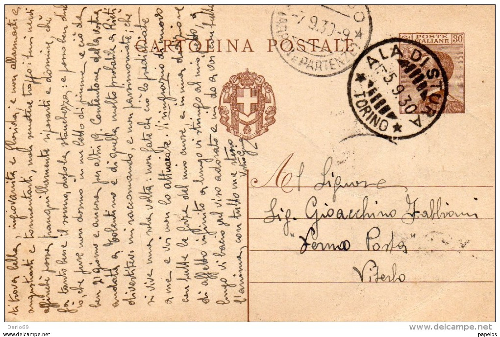 1930 CARTOLINA CON ANNULLO ALA DI STURA TORINO - Entiers Postaux