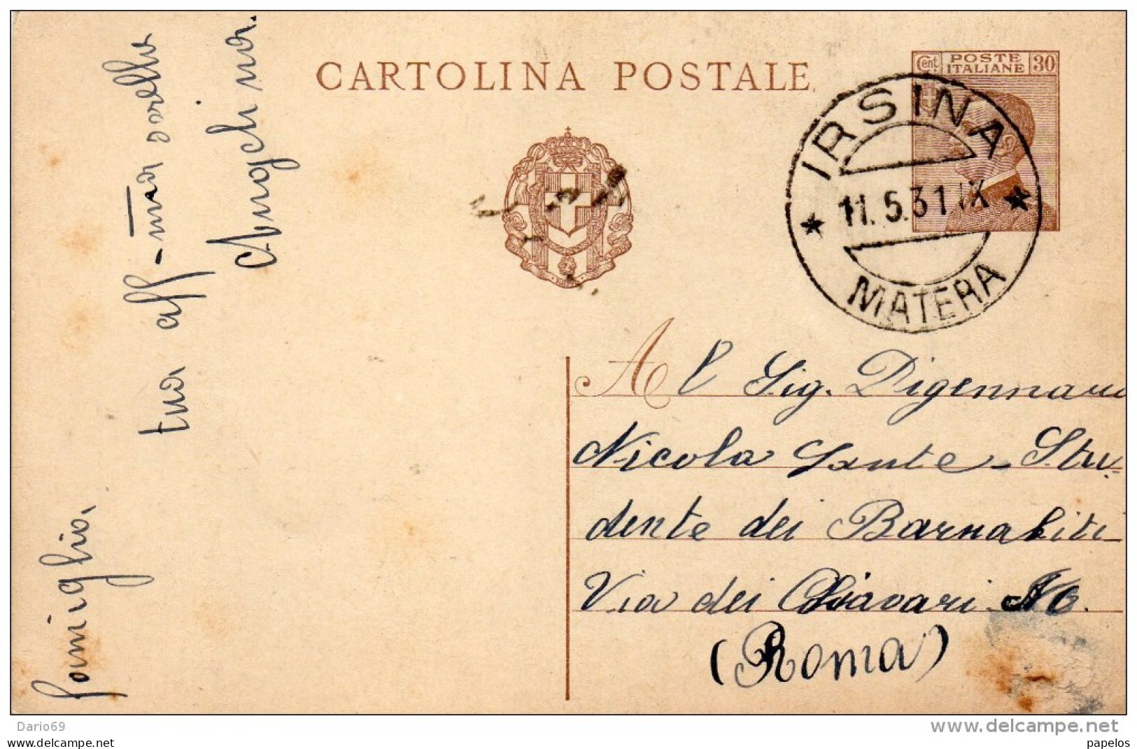 1931 CARTOLINA CON ANNULLO IRSINA MATERA - Entiers Postaux