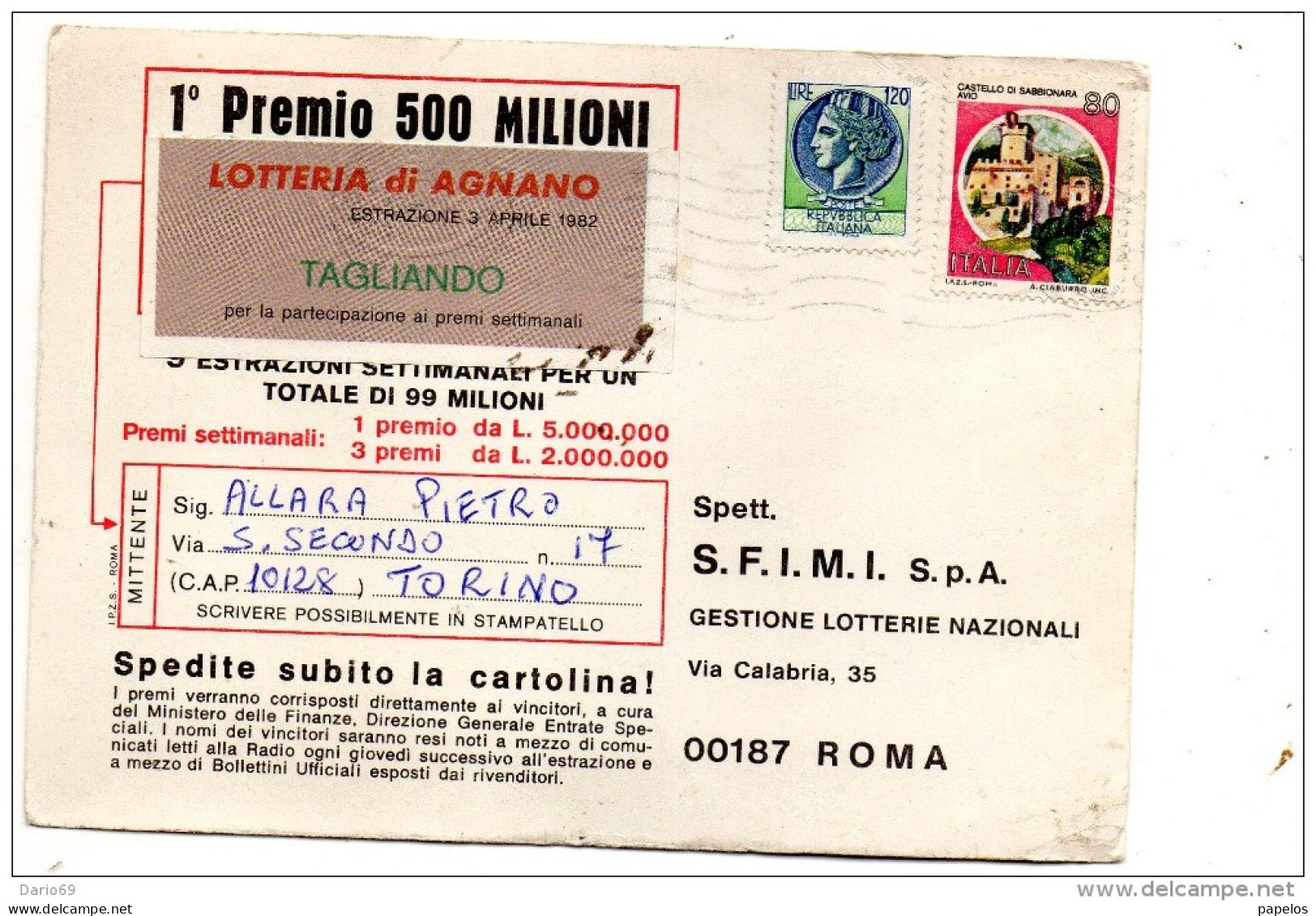 1982 CARTOLINA  CON ANNULLO  TORINO - 1981-90: Marcophilia