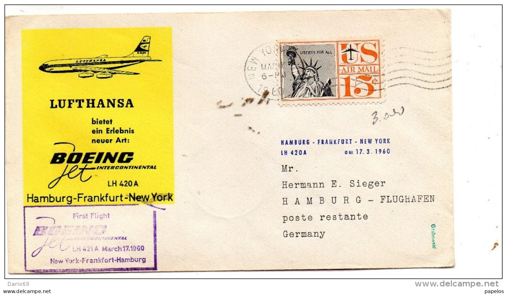 1960 LETTERA INTESTATA LUFTHANSA  CON ANNULLO NEW YORK - Brieven En Documenten