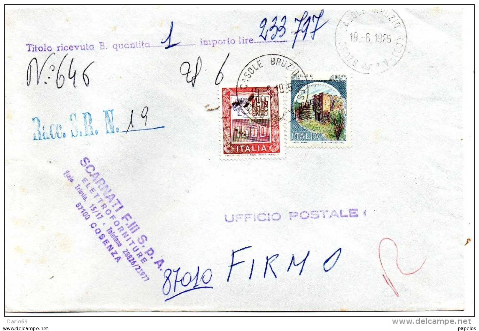 1985 LETTERA CON ANNULLO Casole Bruzio COSENZA + FIRMO - 1981-90: Marcophilie