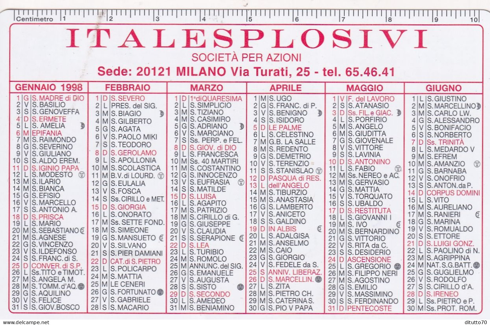 Calendarietto - Italsplosivi - Società Per Azioni - Milano - Anno 1998 - Formato Piccolo : 1991-00