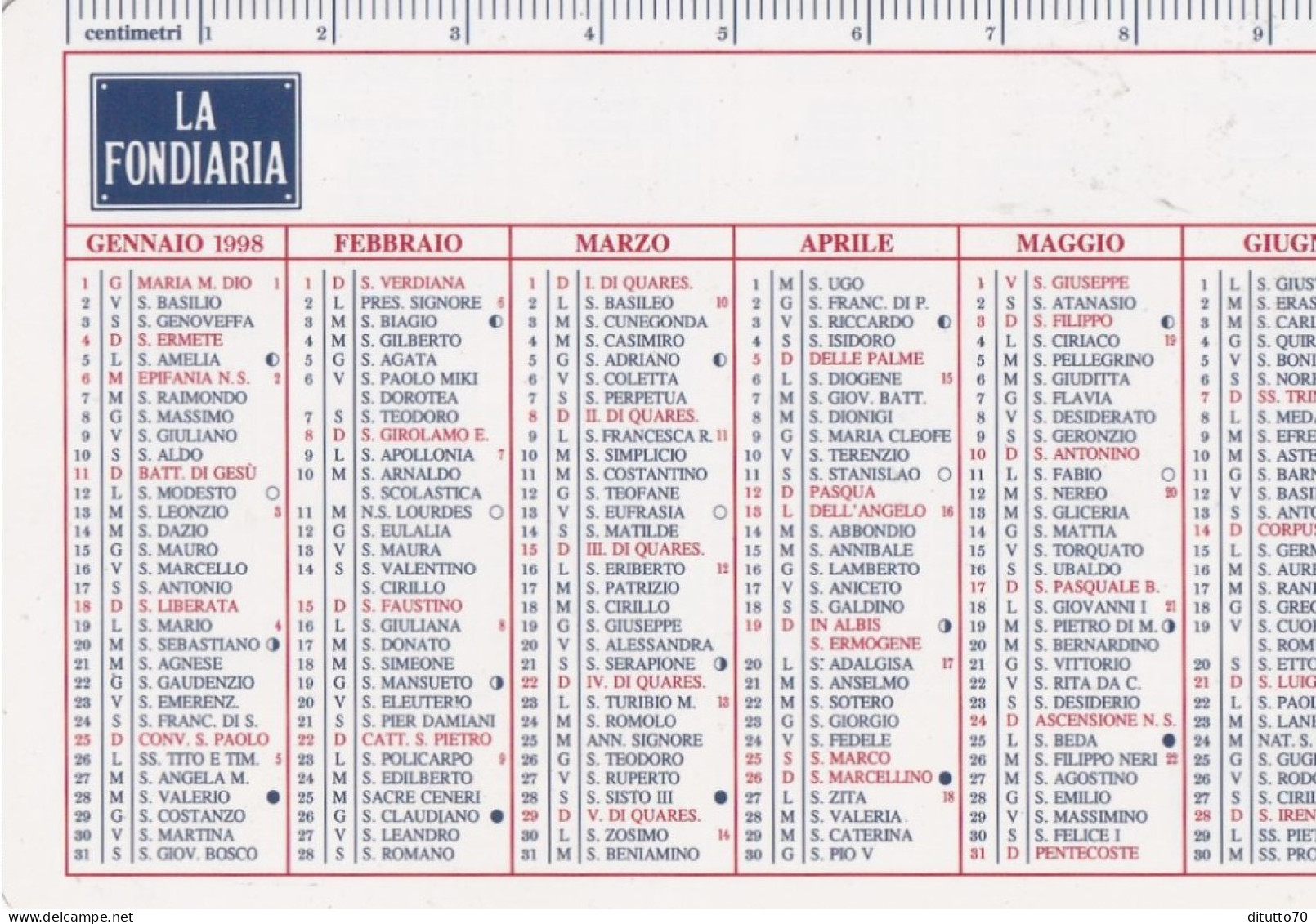 Calendarietto - La Fondiaria - Anno 1998 - Formato Piccolo : 1991-00