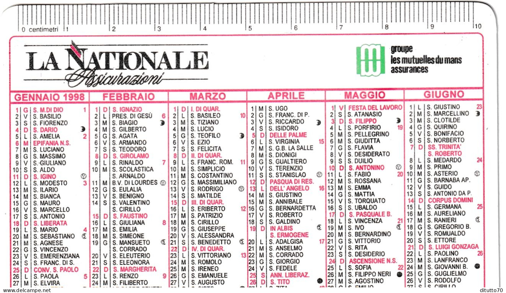 Calendarietto - La Nazionale - Assicurazioni - Anno 1998 - Tamaño Pequeño : 1991-00