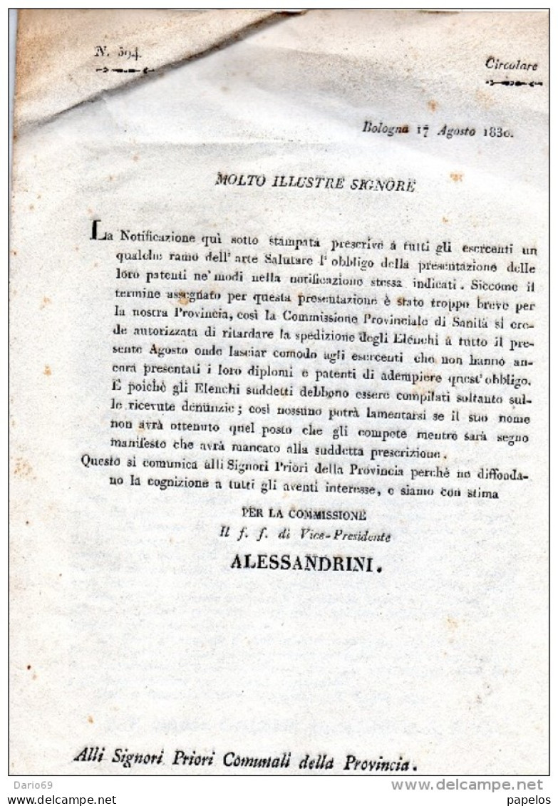 1830    BOLOGNA   -  COMMISSIONE PROVINCIALE DI SANITÀ - Historical Documents