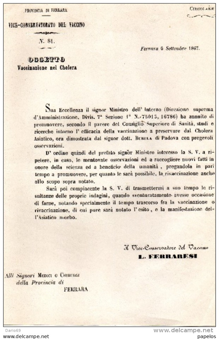 1867 FERRARA . VACCINAZIONE DAL COLERA - Historical Documents