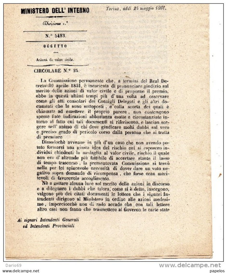 1861 TORINO  AZIONI DI VALOR CIVILE - Documentos Históricos