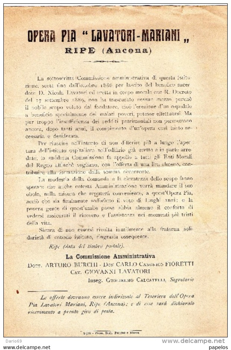 1909 LETTERA INTESTATA OPERA PIA LAVATORI MARIANI CON ANNULLO  RIPE ANCONA - Marcophilie