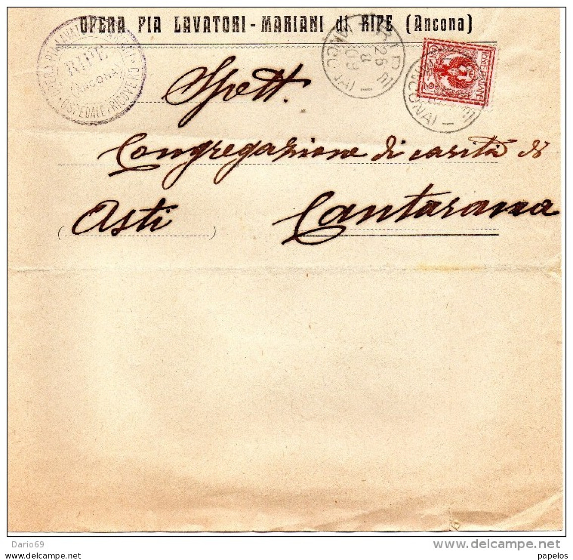 1909 LETTERA INTESTATA OPERA PIA LAVATORI MARIANI CON ANNULLO  RIPE ANCONA - Marcophilia