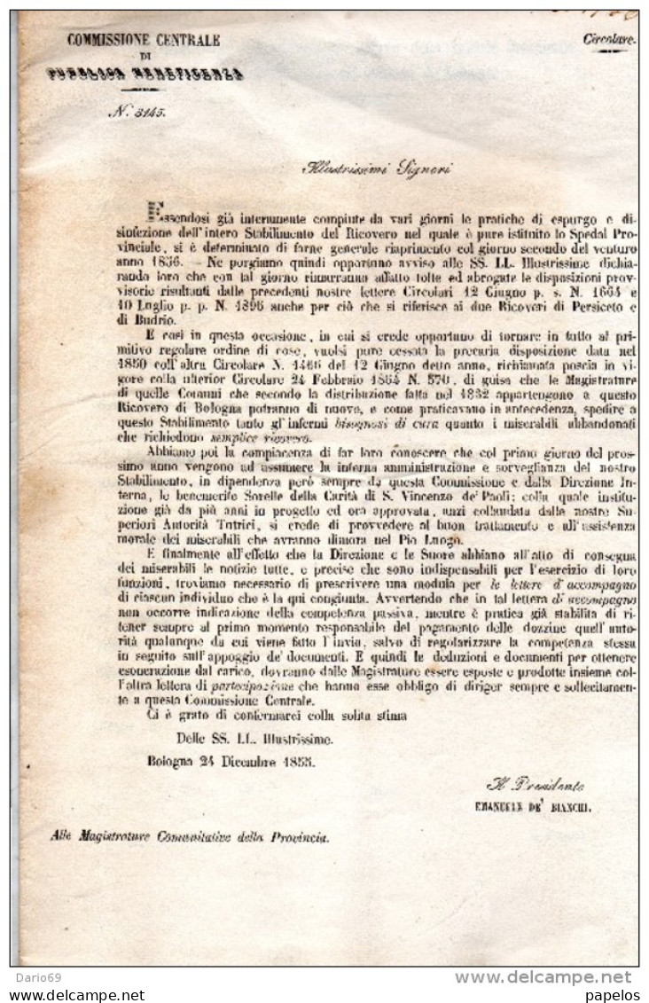 1855    BOLOGNA   -  COMMISSIONE CENTRALE DI PUBBLICA BENEFICENZA - Documents Historiques