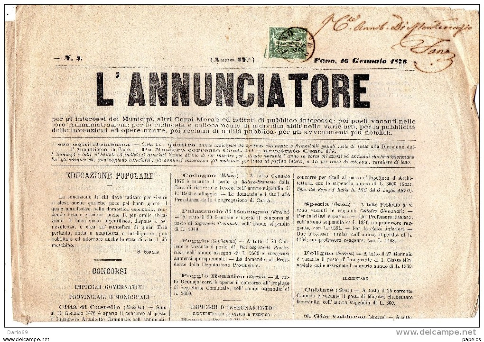 1876 GIORNALE L'ANNUNCIATORE CON ANNULLO FANO - Marcophilie