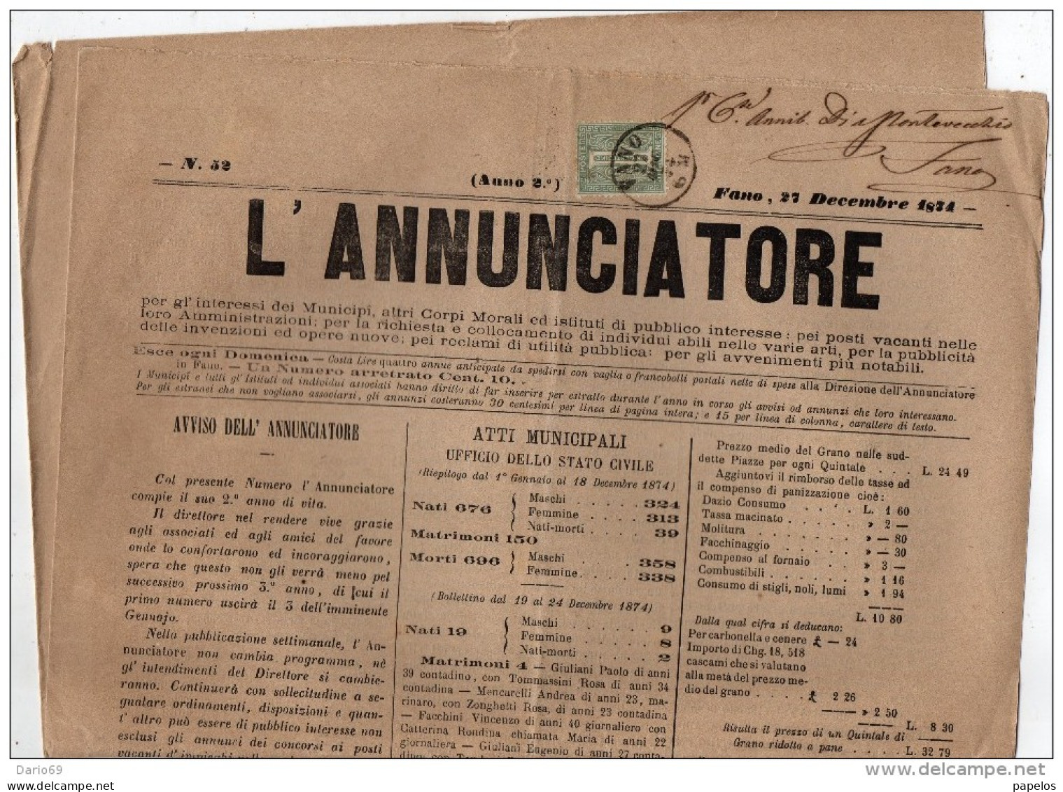 1874 GIORNALE L'ANNUNCIATORE CON ANNULLO FANO - Marcophilie