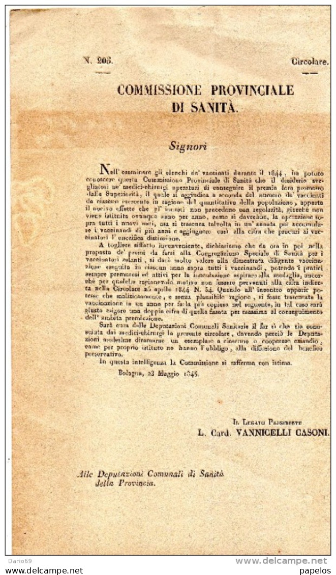 1845 BOLOGNA - COMMISSIONE PROVINCIALE DI SANITÀ - Historical Documents