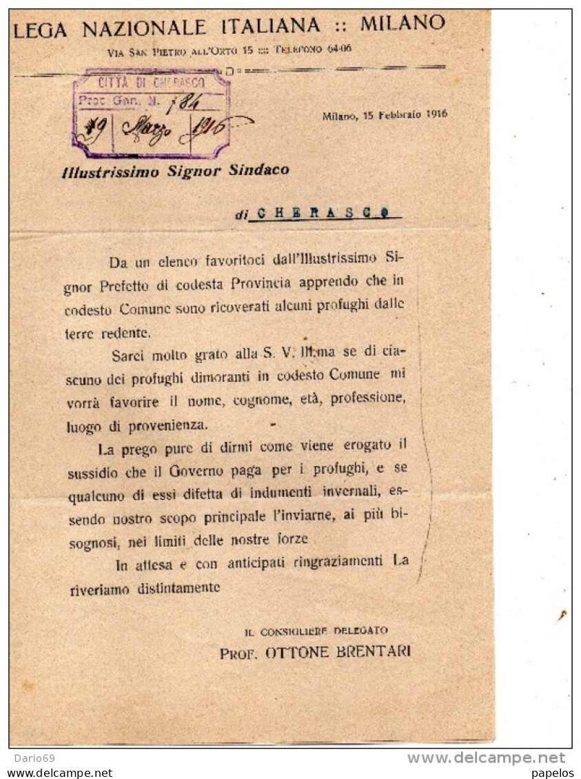 1916 LETTERA INTESTATA LEGA NAZIONALE ITALIANA CON ANNULLO MILANO - Marcophilie