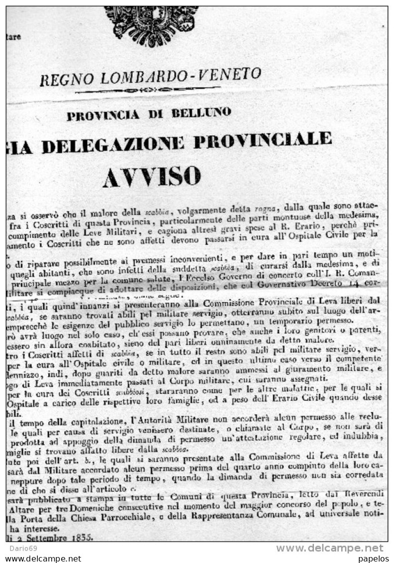 1835 MANIFESTO  REGNO LOMBARDO / VENETO PROVINCIA DI BELLUNO AVVISO CONTRO LA SCABBIA - Historical Documents