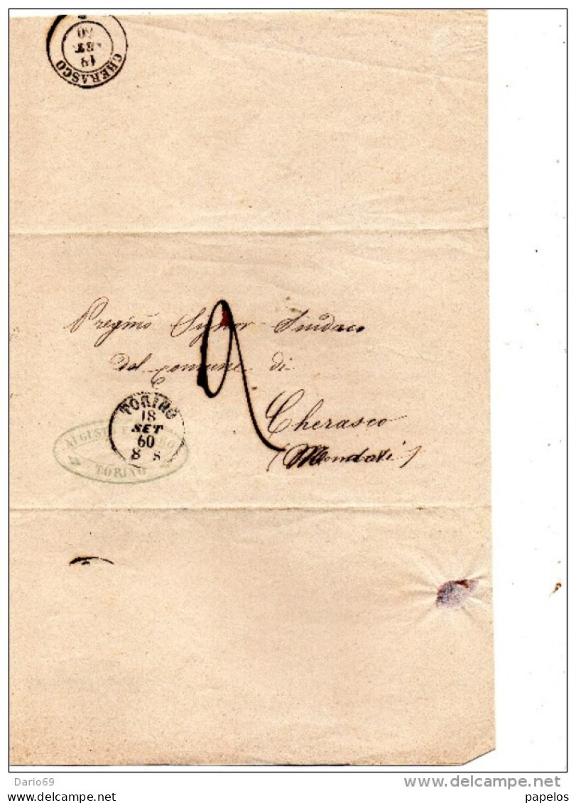 1860 LETTERA CON ANNULLO TORINO + CHERASCO - ...-1850 Préphilatélie