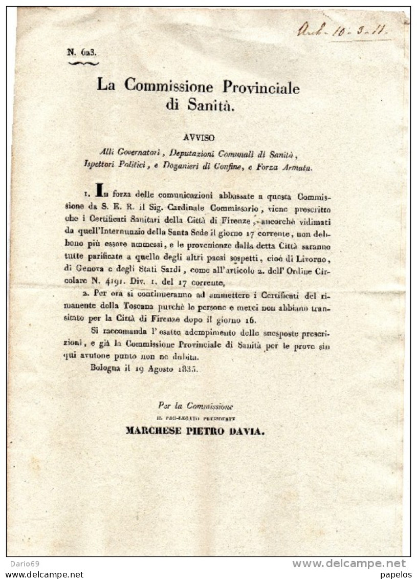 1835 BOLOGNA - COMMISSIONE PROVINCIALE DI SANITÀ - Documents Historiques