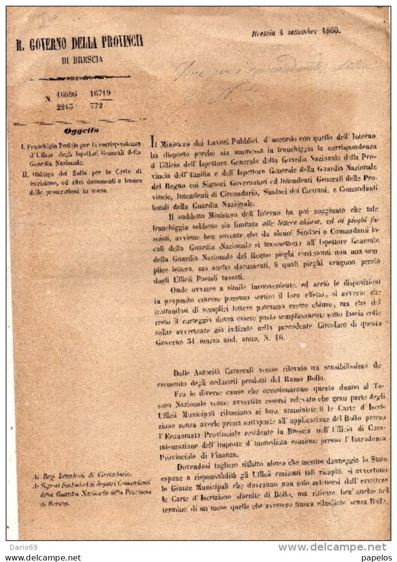 1860 BRESCIA -  FRANCHIGIA POSTALE PER LA CORRISPONDENZA D'UFFICIO DEGLI ISPETTORI DELLA GUARDIA NAZIONALE - Decreti & Leggi