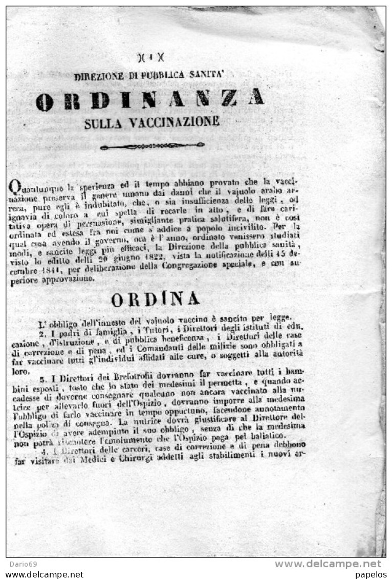 1849 ROMA  DIREZIONE DI PUBBLICA  SANITÀ ORDINANZA SULLA VACCINAZIONE - Documents Historiques